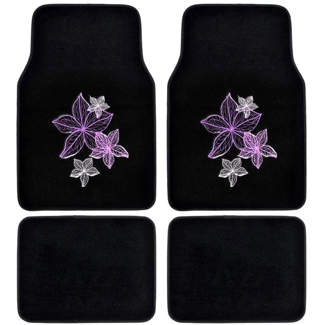 pretty-rugs-gift-pack-purple-flowers-design-black-carpet-floor-mats-with-steerin image 1