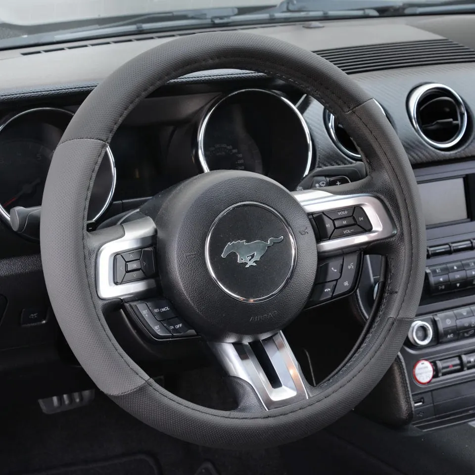 bdk-two-tone-perforated-pu-leather-steering-wheel-cover-gray-standard-size-14-5- image 1