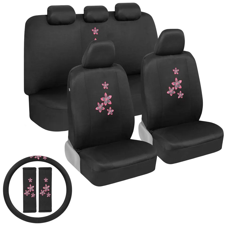 bdk-pink-floral-flower-print-car-seat-covers-full-set-with-steering-wheel-cover- image 1