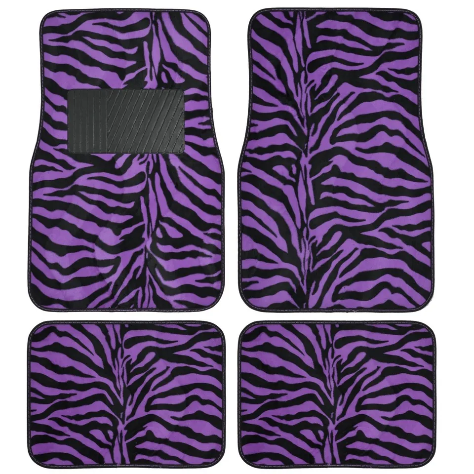 bdk-universal-fit-4-piece-animal-print-velvet-carpet-floor-mat-set-purple-zebra- image 1