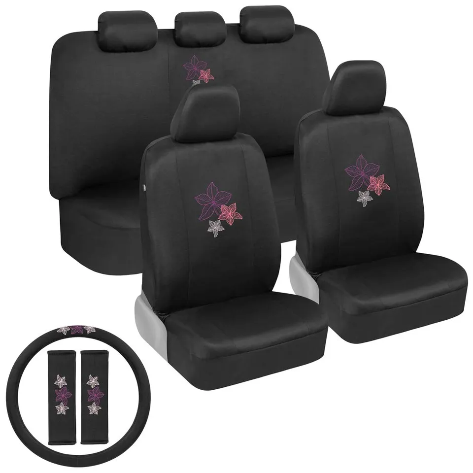 bdk-multicolor-hawaiian-flower-print-full-car-seat-cover-set-with-steering-wheel image 1