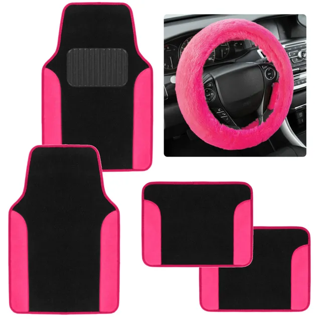 bdk-carpet-pro-hot-pink-two-tone-floor-mats-with-faux-sheepskin-steering-wheel-c image 1