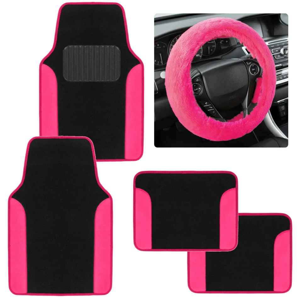 bdk-carpet-pro-hot-pink-two-tone-floor-mats-with-faux-sheepskin-steering-wheel-c image 1