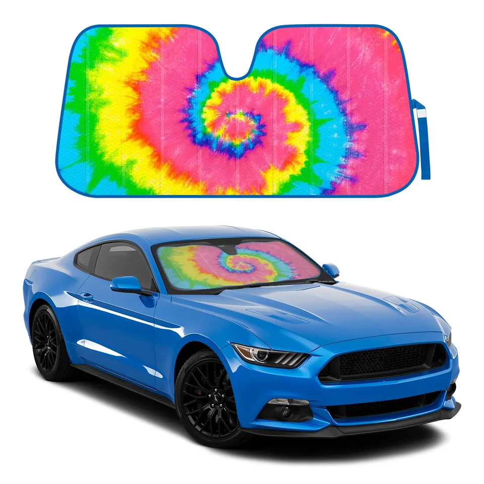 bdk-colorful-rainbow-tie-dye-windshield-sunshade-double-bubble-accordion-folding image 1
