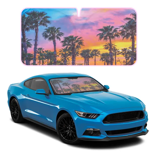 bdk-sunset-palm-trees-car-window-sun-shade-jumbo-64-x32-uv-heat-blocking-windshi image 1