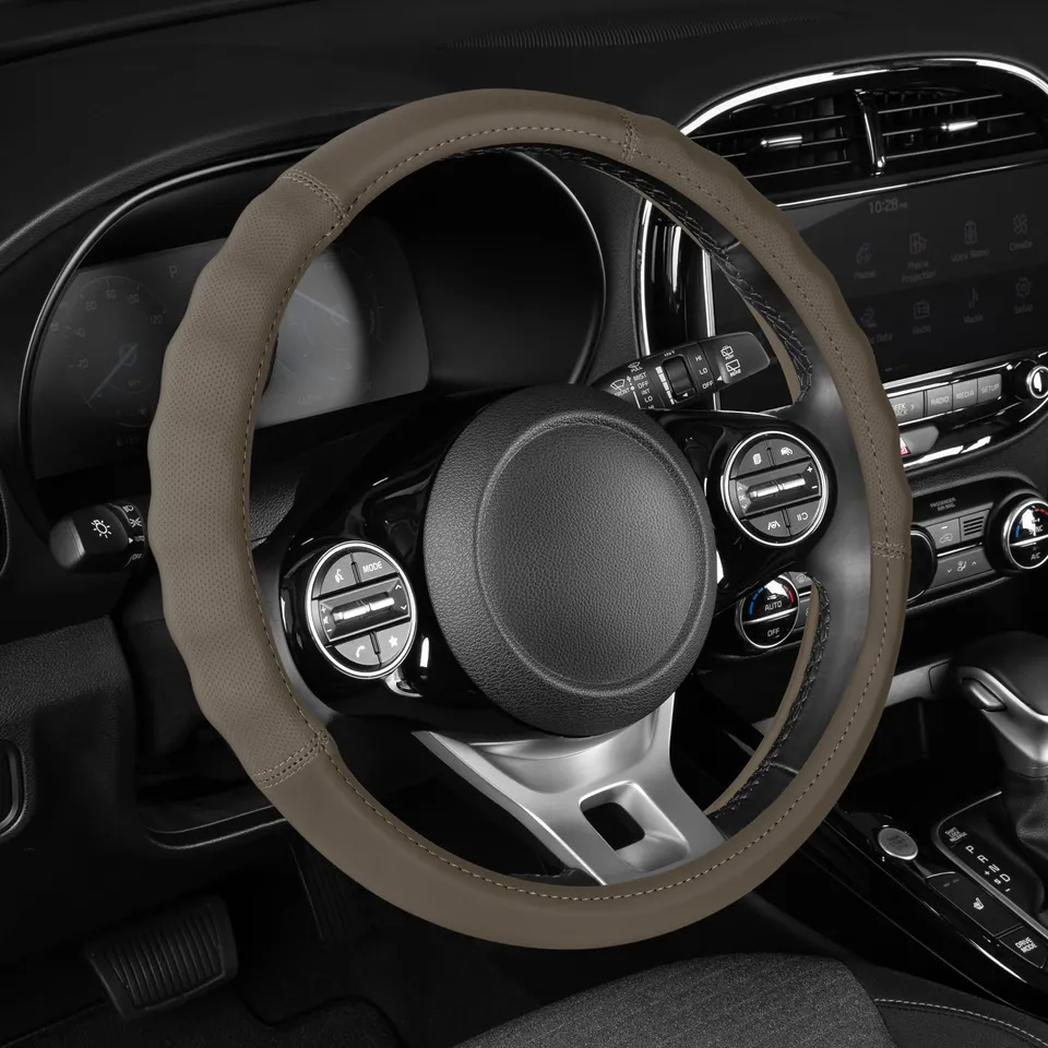 motor-trend-soft-touch-leather-beige-steering-wheel-cover-universal-fit-14-5-15- image 1