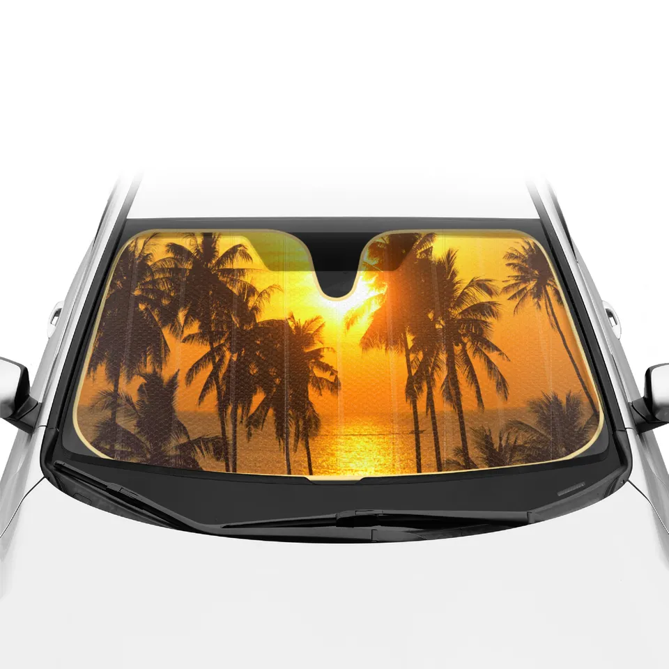 bdk-golden-sunset-palm-trees-front-windshield-sun-shade-accordion-folding-58-x-2 image 1