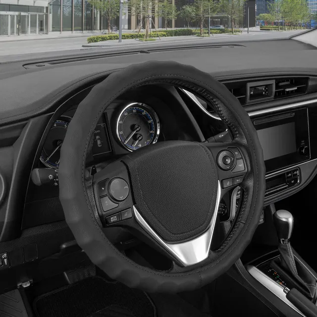 bdk-genuine-black-leather-steering-wheel-cover-small-13-5-14-5-ergonomic-grip-fo image 1
