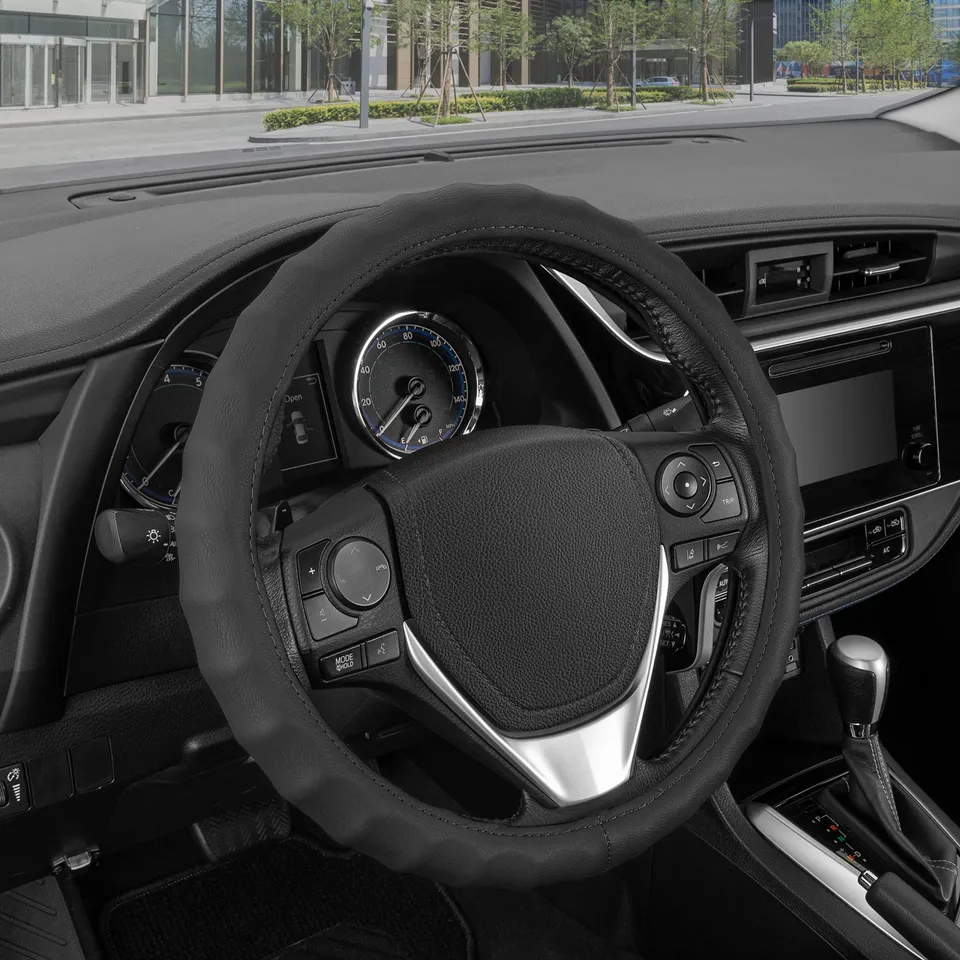 bdk-genuine-black-leather-steering-wheel-cover-small-13-5-14-5-ergonomic-grip-fo image 1