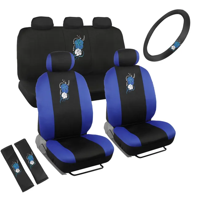bdk-blue-hibiscus-flower-9-piece-full-set-car-seat-covers-with-steering-wheel-co image 1