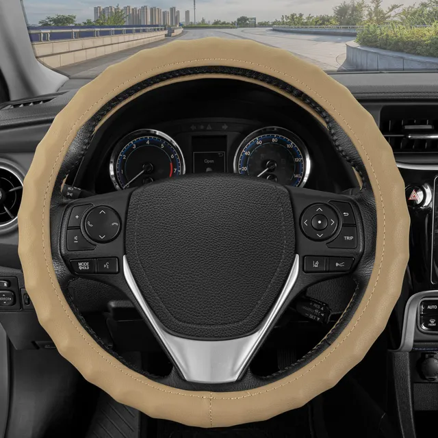 bdk-genuine-beige-leather-steering-wheel-cover-for-large-wheels-15-5-16-5-ergono image 1