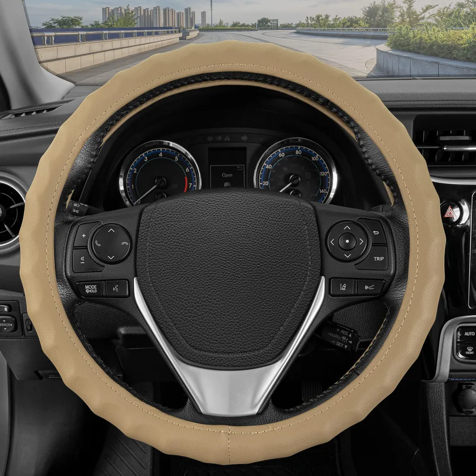 bdk-genuine-beige-leather-steering-wheel-cover-for-large-wheels-15-5-16-5-ergono image 1