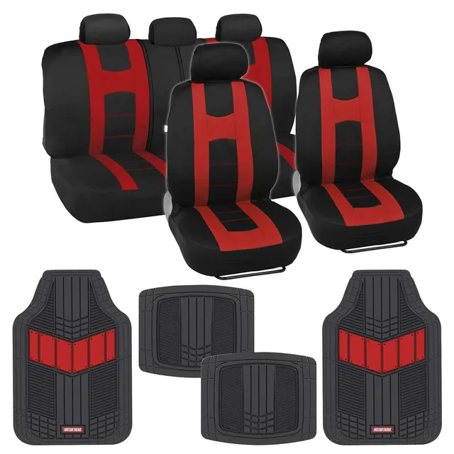 bdk-autosport-sporty-red-full-car-seat-cover-rubber-floor-mat-set-front-rear-2-t image 1