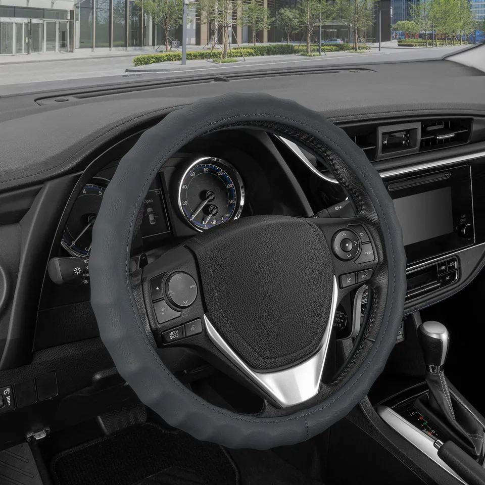bdk-genuine-leather-steering-wheel-cover-13-5-14-5-inch-gray image 1