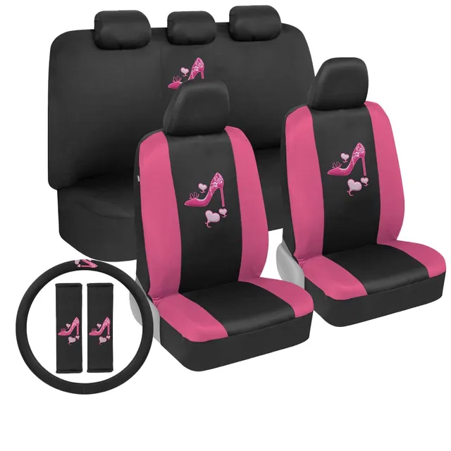 bdk-two-tone-pink-heels-car-seat-cover-set-12-piece-with-steering-wheel-cover-an image 1