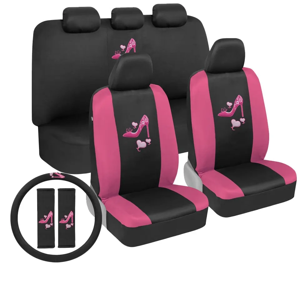 bdk-two-tone-pink-heels-car-seat-cover-set-12-piece-with-steering-wheel-cover-an image 1