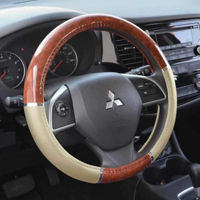 bdk-two-tone-woodgrain-pattern-steering-wheel-cover-dark-wood-beige-universal-fi image 1