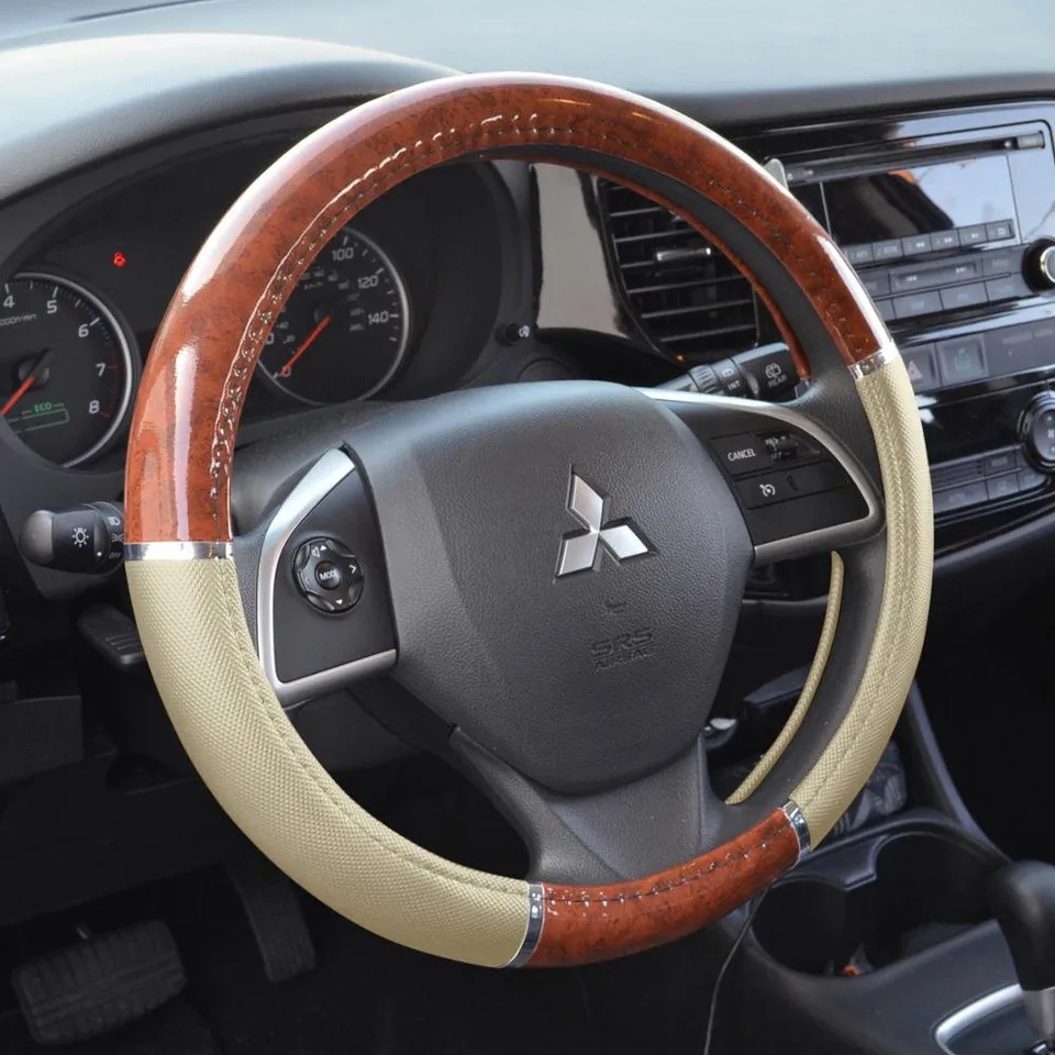bdk-two-tone-woodgrain-pattern-steering-wheel-cover-dark-wood-beige-universal-fi image 1
