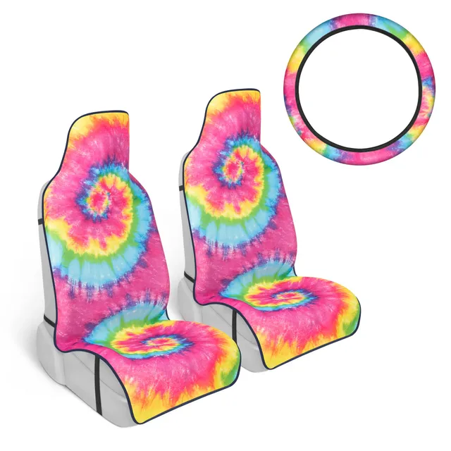 carbella-3pc-rainbow-tie-dye-seat-liner-set-2-front-seat-covers-matching-steerin image 1