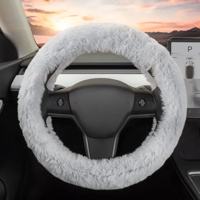bdk-carbella-gray-fuzzy-steering-wheel-cover-15-inch-standard-fit-faux-fur image 1