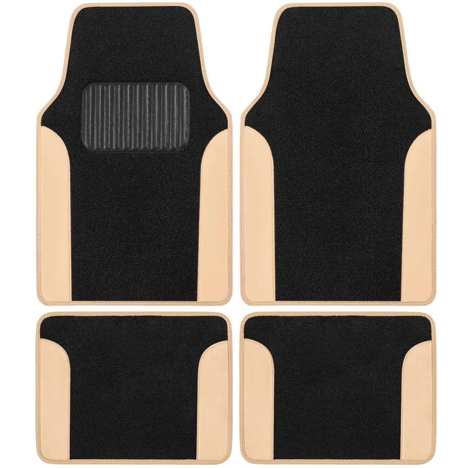 bdk-two-tone-carpet-floor-mats-with-faux-leather-accents-beige-automotive-floor- image 1