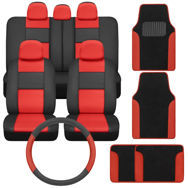 bdk-pu-leather-car-seat-covers-floor-mats-set-black-red-universal image 1