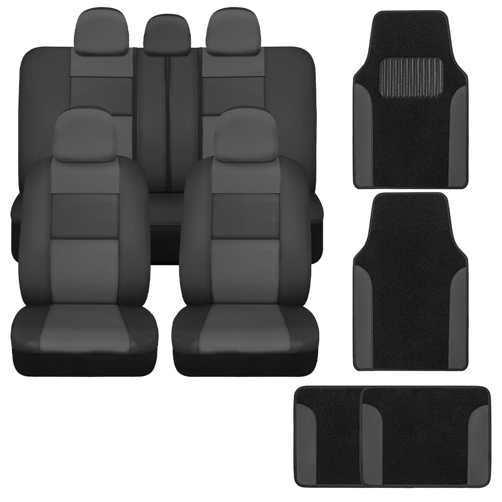 bdk-charcoal-faux-leather-car-seat-covers-full-set-with-carpet-floor-mats image 1