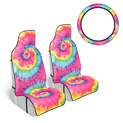 carbella-3pc-rainbow-tie-dye-seat-liner-set-2-front-seat-covers-matching-steerin image 7