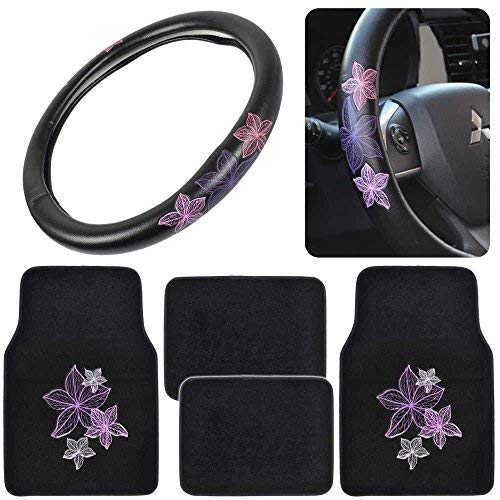 pretty-rugs-gift-pack-purple-flowers-design-black-carpet-floor-mats-with-steerin image 2