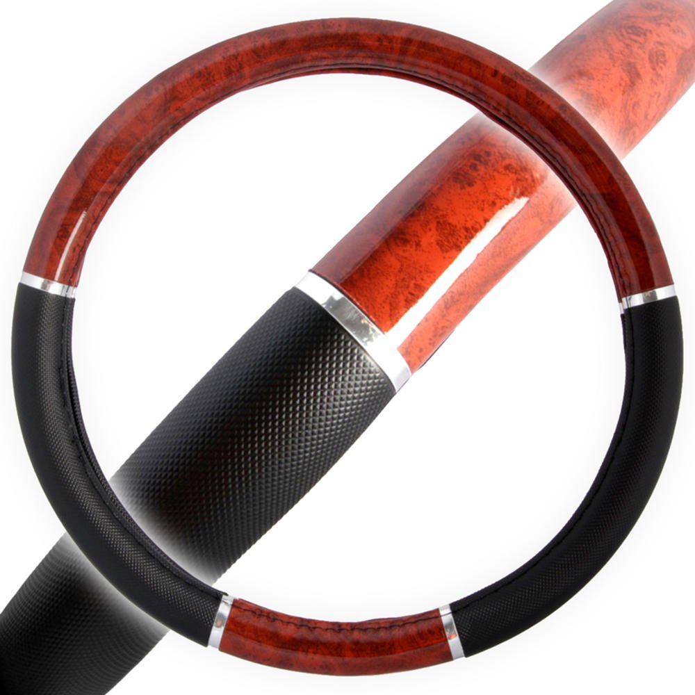 bdk-two-tone-woodgrain-steering-wheel-cover-14-5-15-5-black-dark-wood image 2