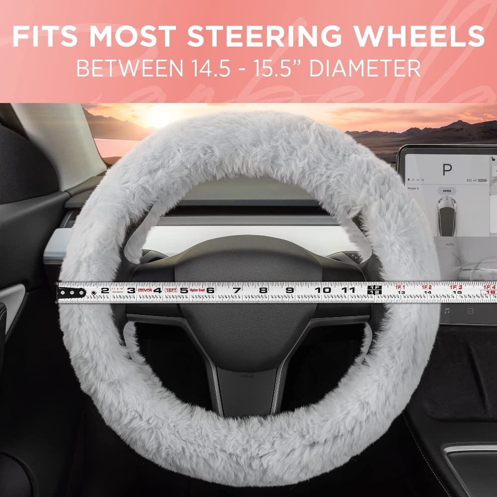 bdk-carbella-gray-fuzzy-steering-wheel-cover-15-inch-standard-fit-faux-fur image 6