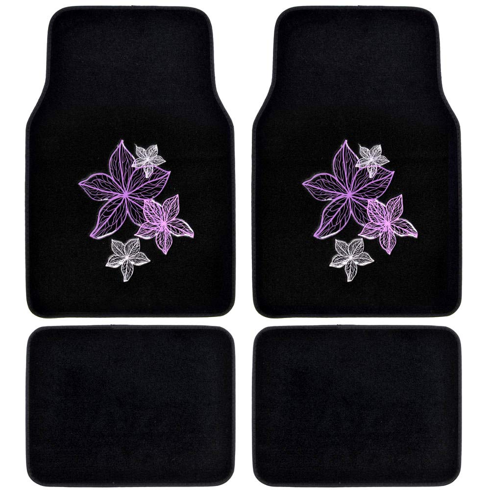 pretty-rugs-gift-pack-purple-flowers-design-black-carpet-floor-mats-with-steerin image 1