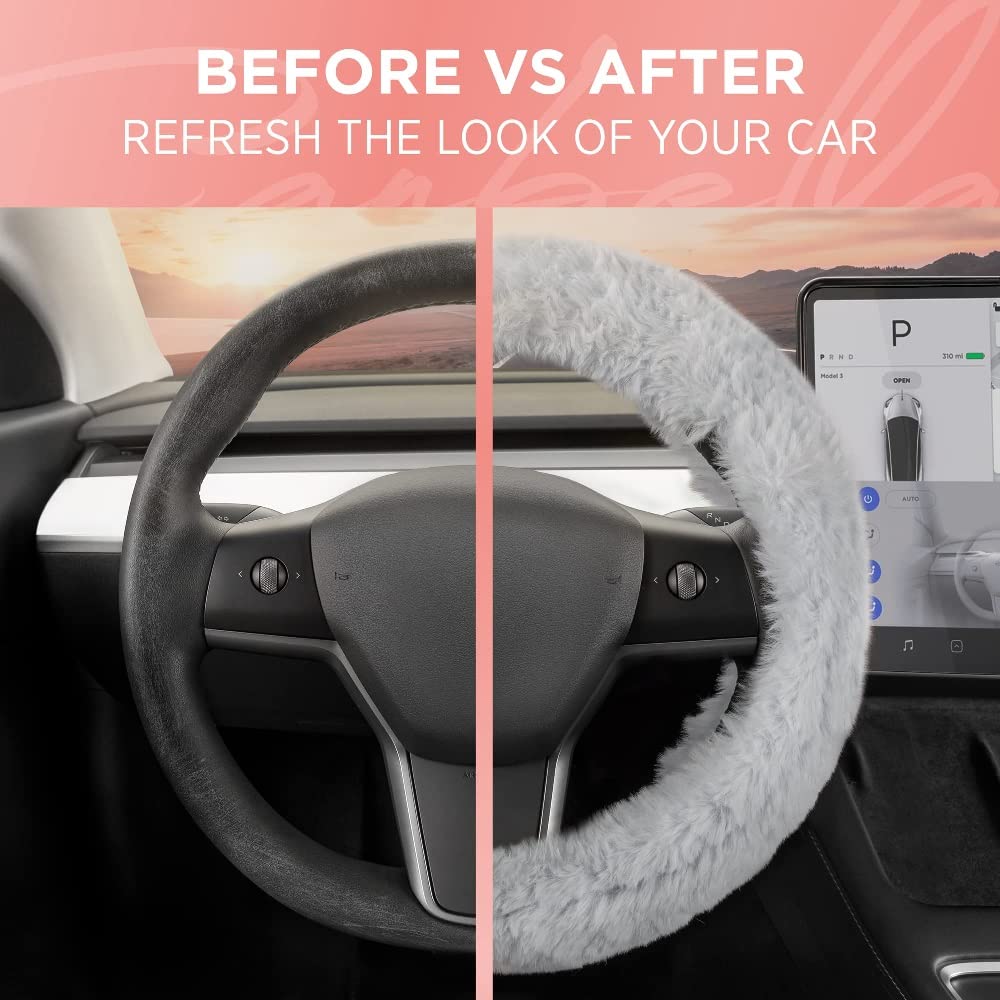 bdk-carbella-gray-fuzzy-steering-wheel-cover-15-inch-standard-fit-faux-fur image 4