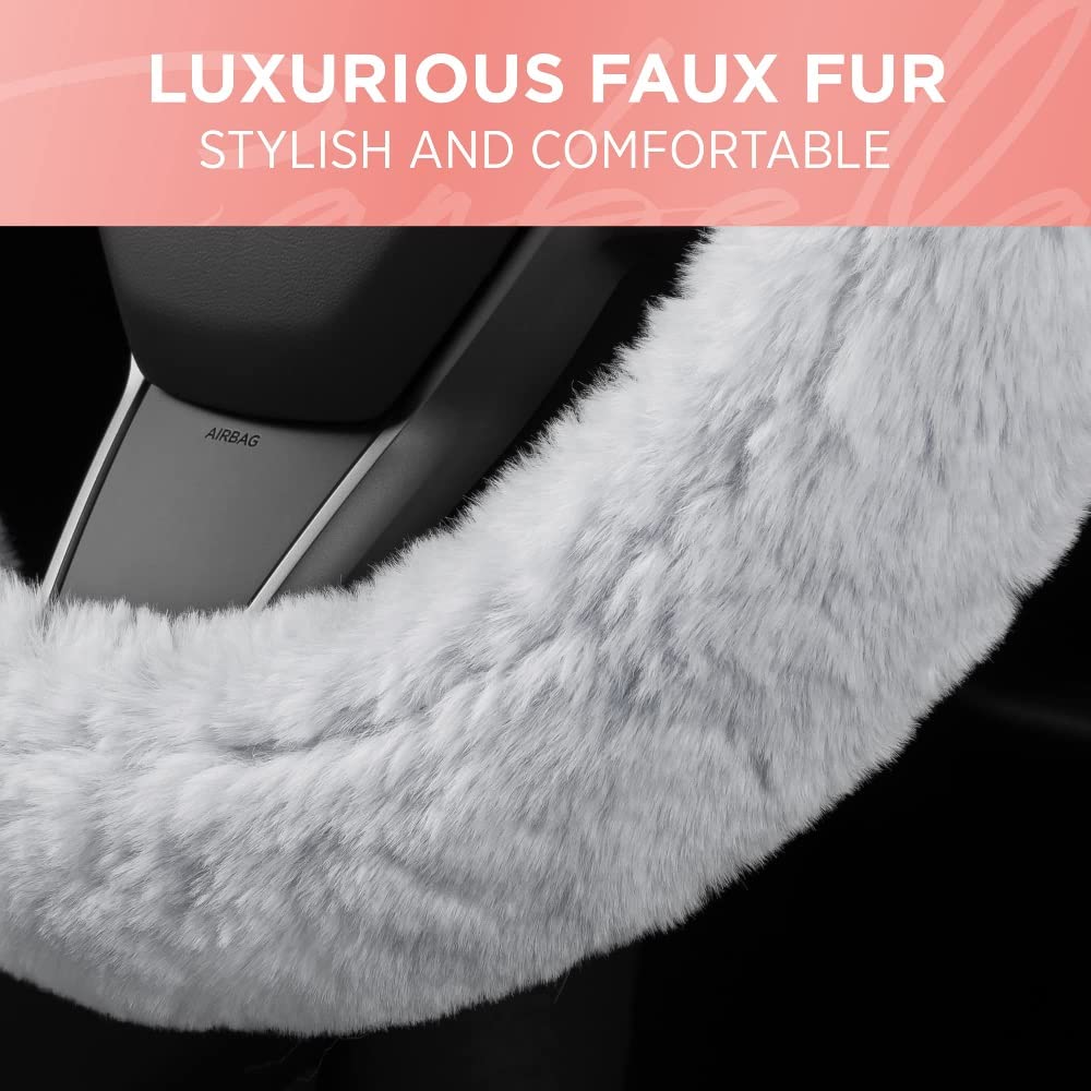 bdk-carbella-gray-fuzzy-steering-wheel-cover-15-inch-standard-fit-faux-fur image 5