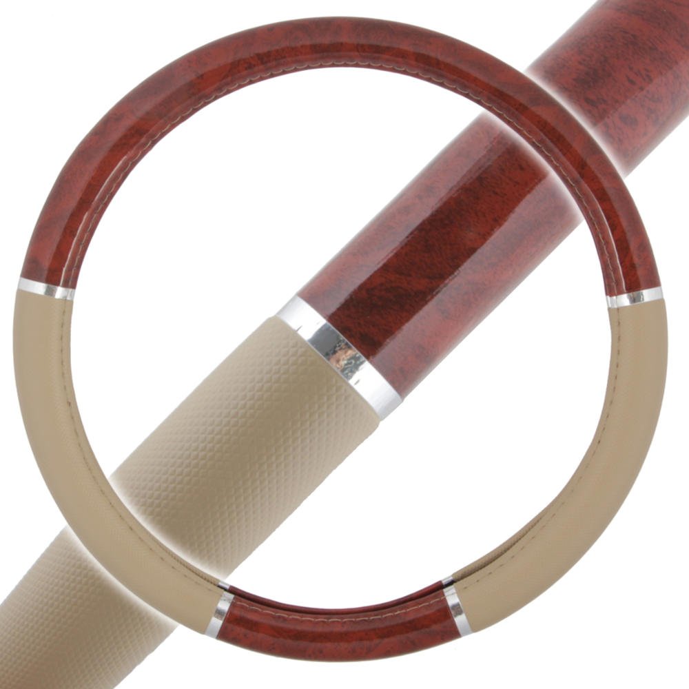 bdk-two-tone-woodgrain-pattern-steering-wheel-cover-dark-wood-beige-universal-fi image 2