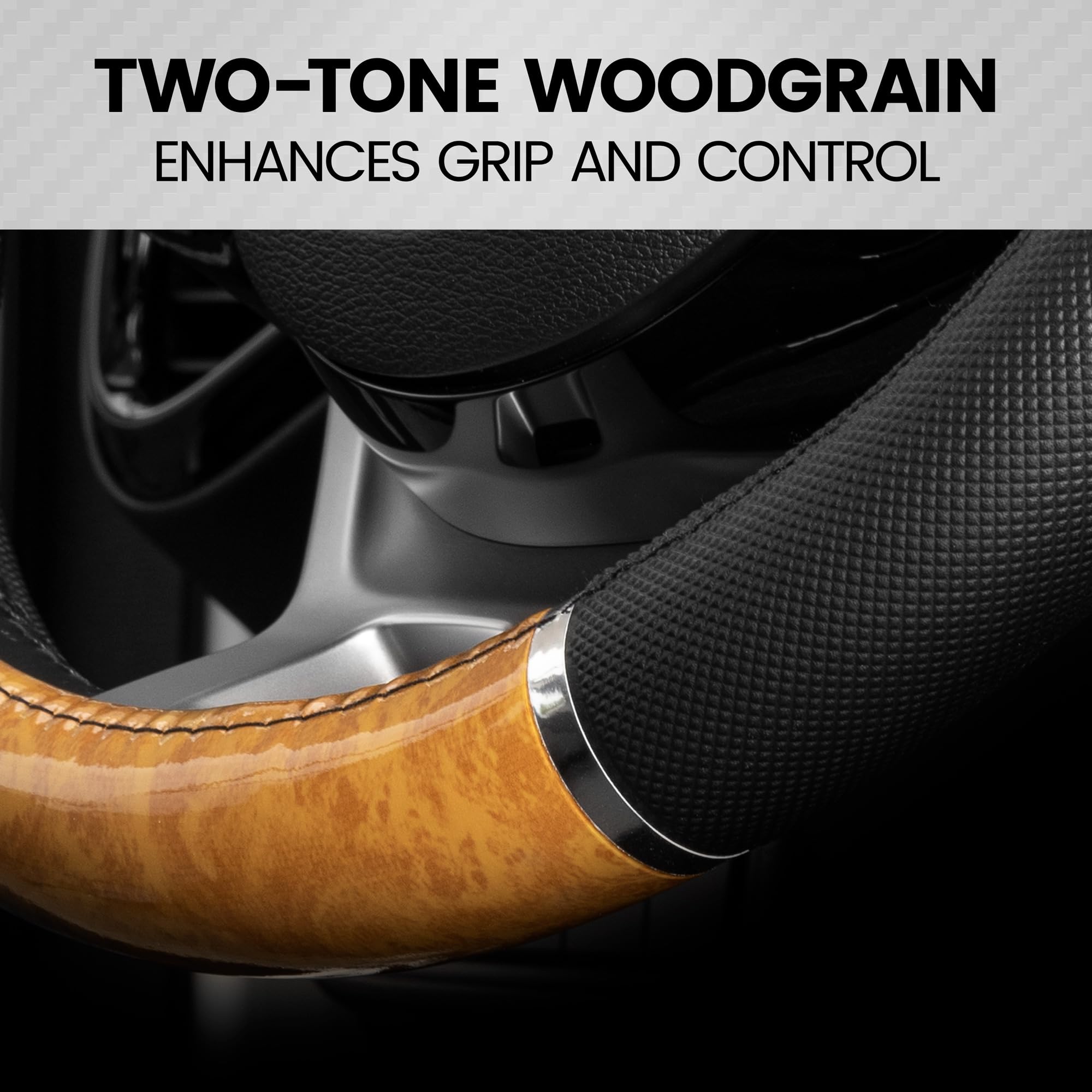 bdk-chrome-wood-grain-black-beige-steering-wheel-cover-universal-fit-for-cars-tr image 6
