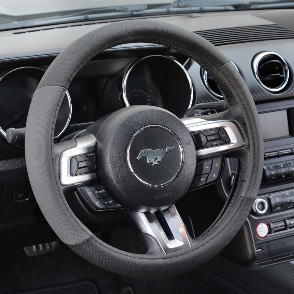 bdk-two-tone-perforated-pu-leather-steering-wheel-cover-gray-standard-size-14-5- image 1