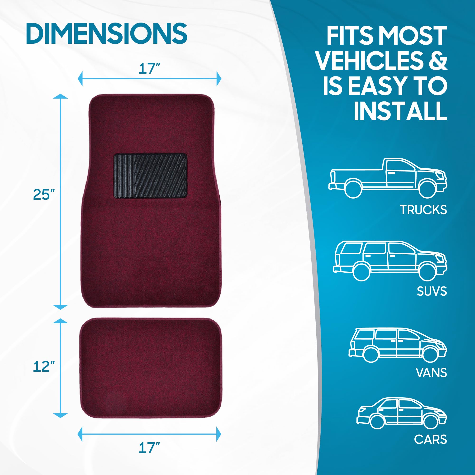 bdk-mt-100-burgundy-red-carpeted-4-piece-universal-fit-car-floor-mats-with-vinyl image 7