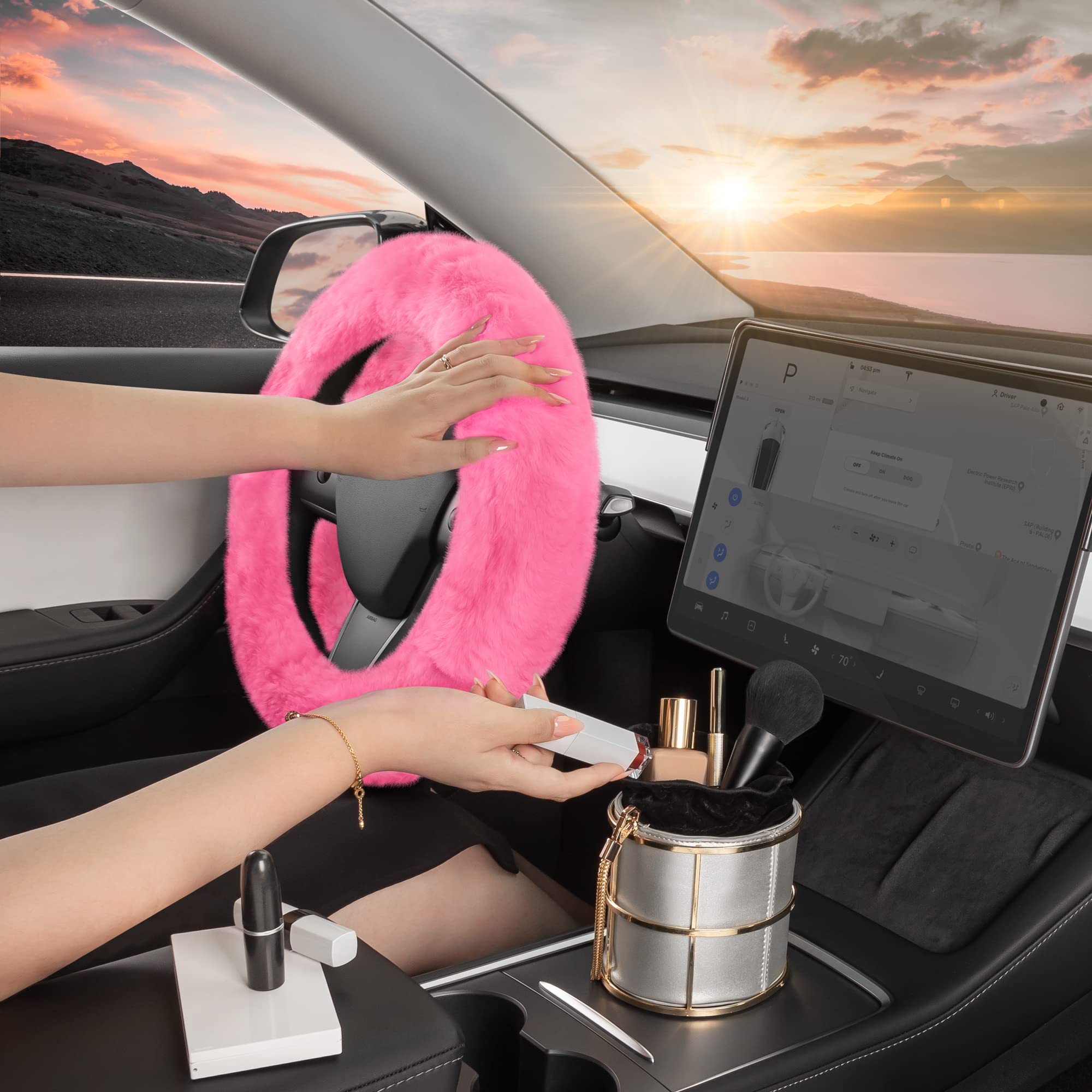 bdk-steering-wheel-cover-for-women-faux-fur-pink-plush-soft-grip-universal-fit-1 image 3