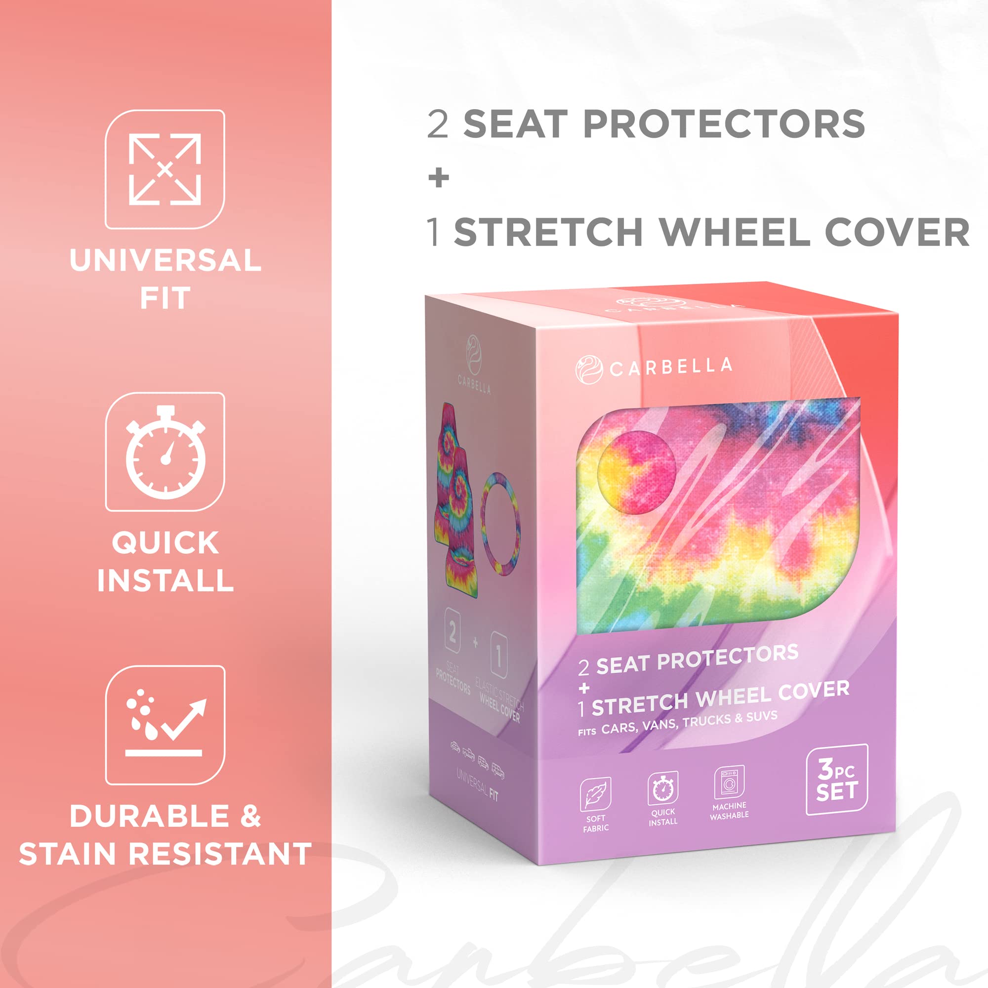 carbella-3pc-rainbow-tie-dye-seat-liner-set-2-front-seat-covers-matching-steerin image 2