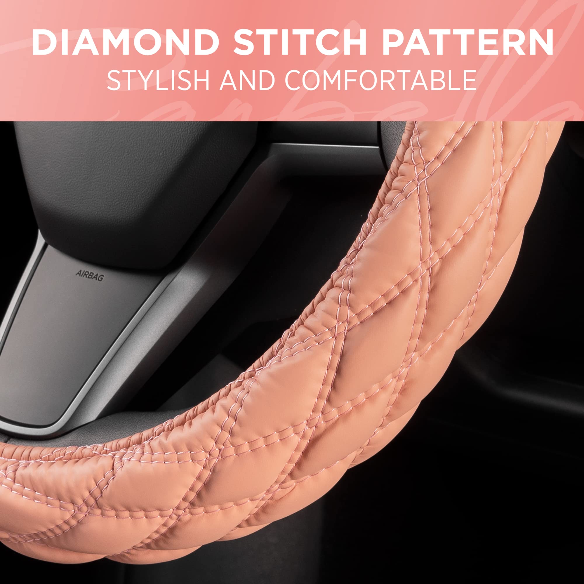 bdk-carbella-coral-pink-stitched-leather-steering-wheel-cover-for-women-standard image 5