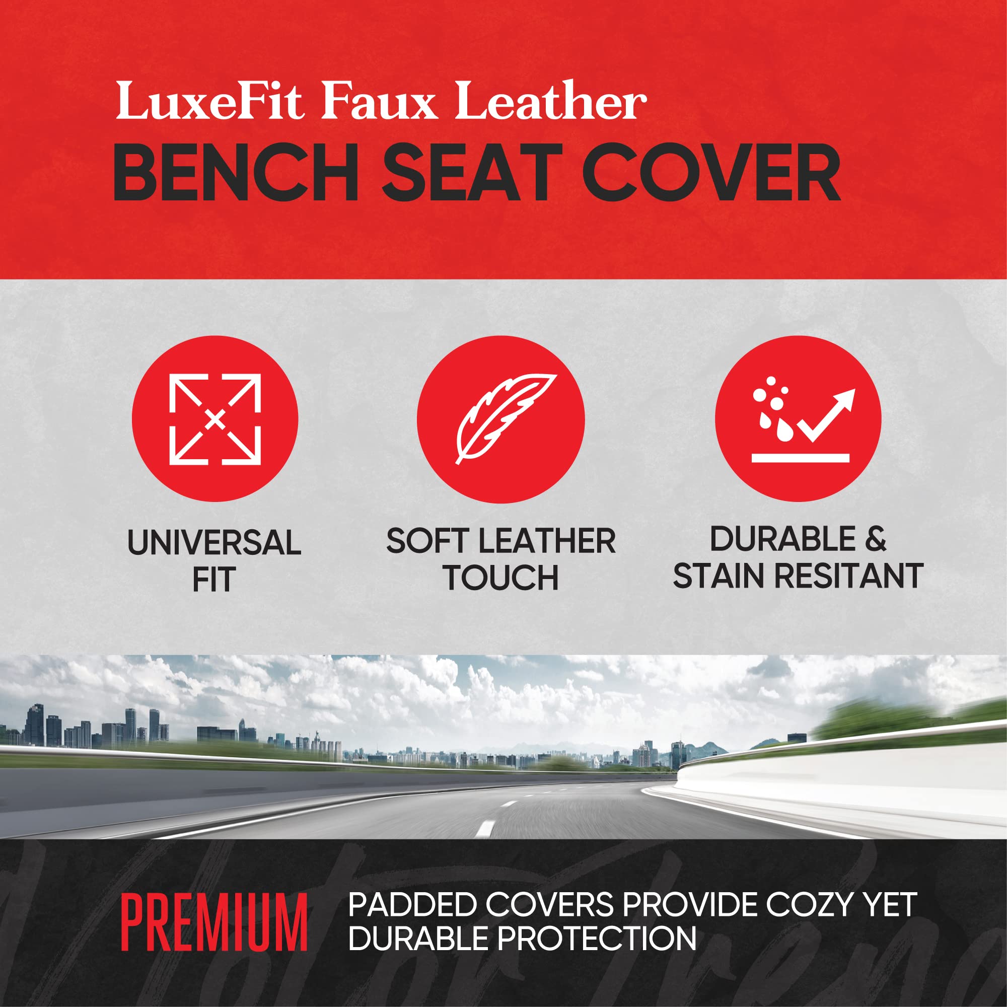 motor-trend-luxefit-black-faux-leather-rear-bench-seat-cover-padded-adjustable-w image 2