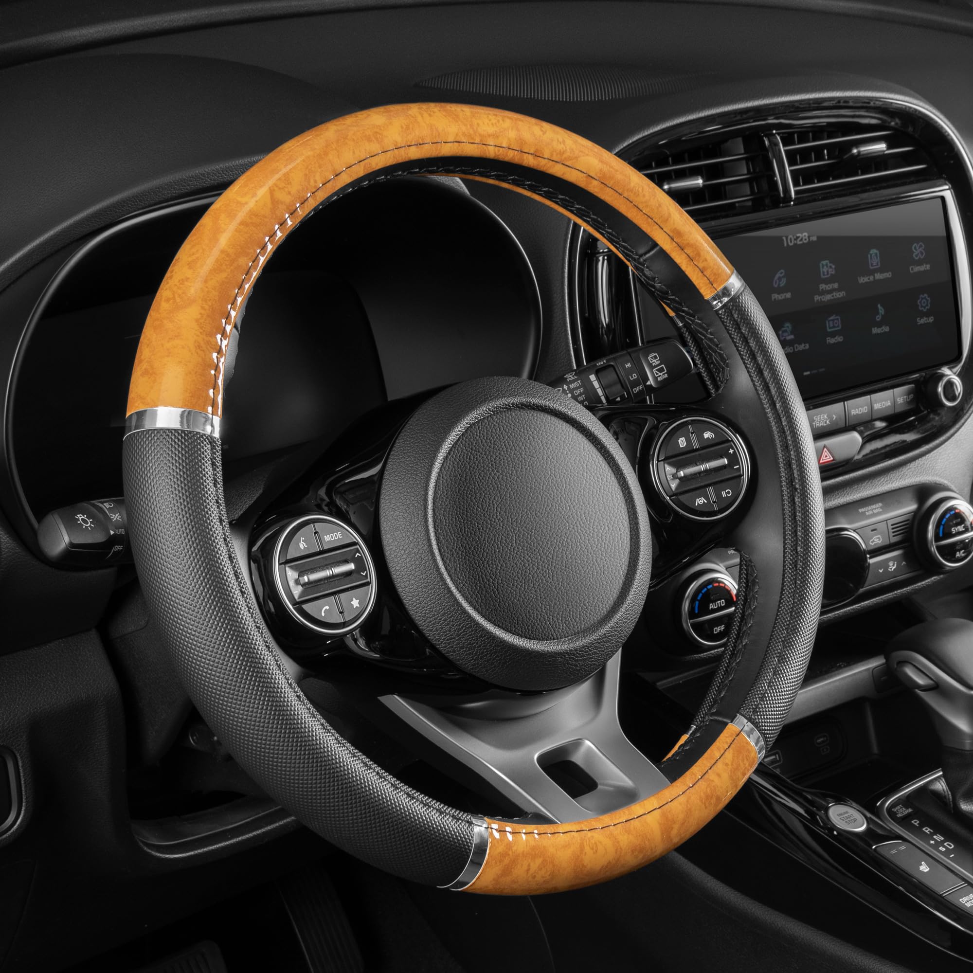 bdk-chrome-wood-grain-black-beige-steering-wheel-cover-universal-fit-for-cars-tr image 2