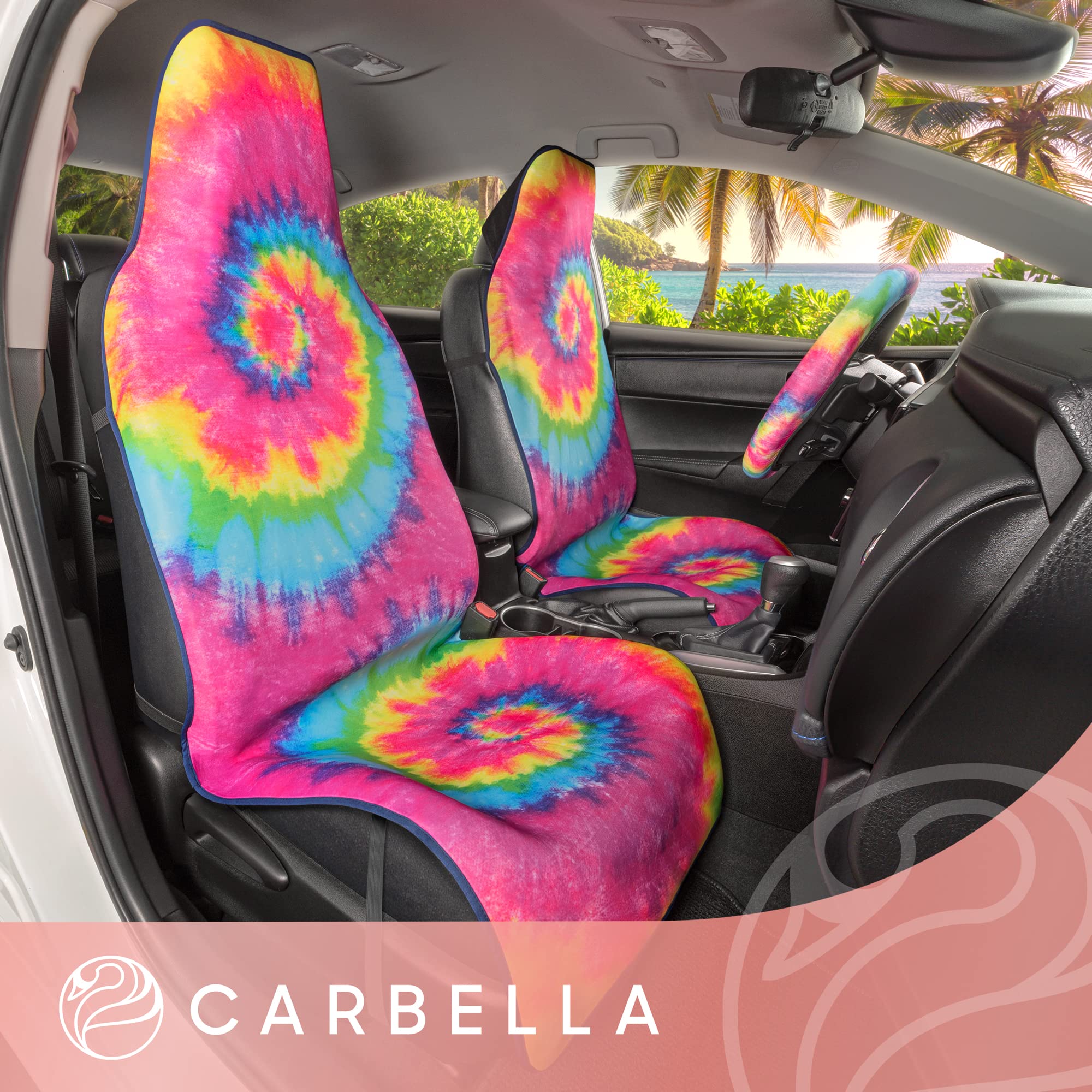 carbella-3pc-rainbow-tie-dye-seat-liner-set-2-front-seat-covers-matching-steerin image 3