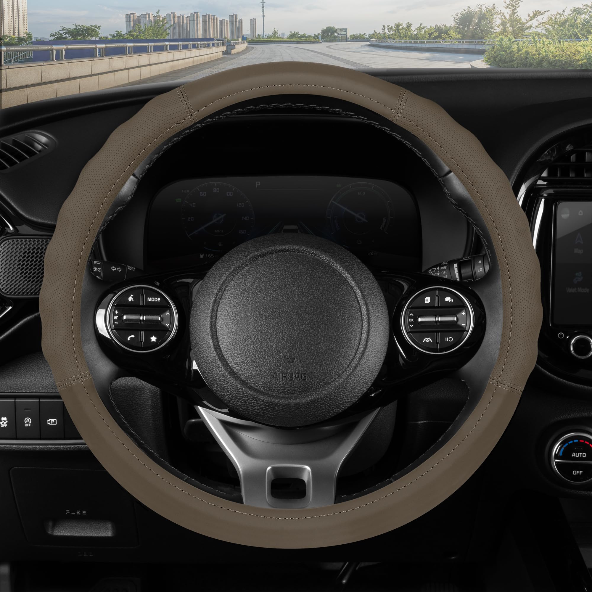 motor-trend-soft-touch-leather-beige-steering-wheel-cover-universal-fit-14-5-15- image 7
