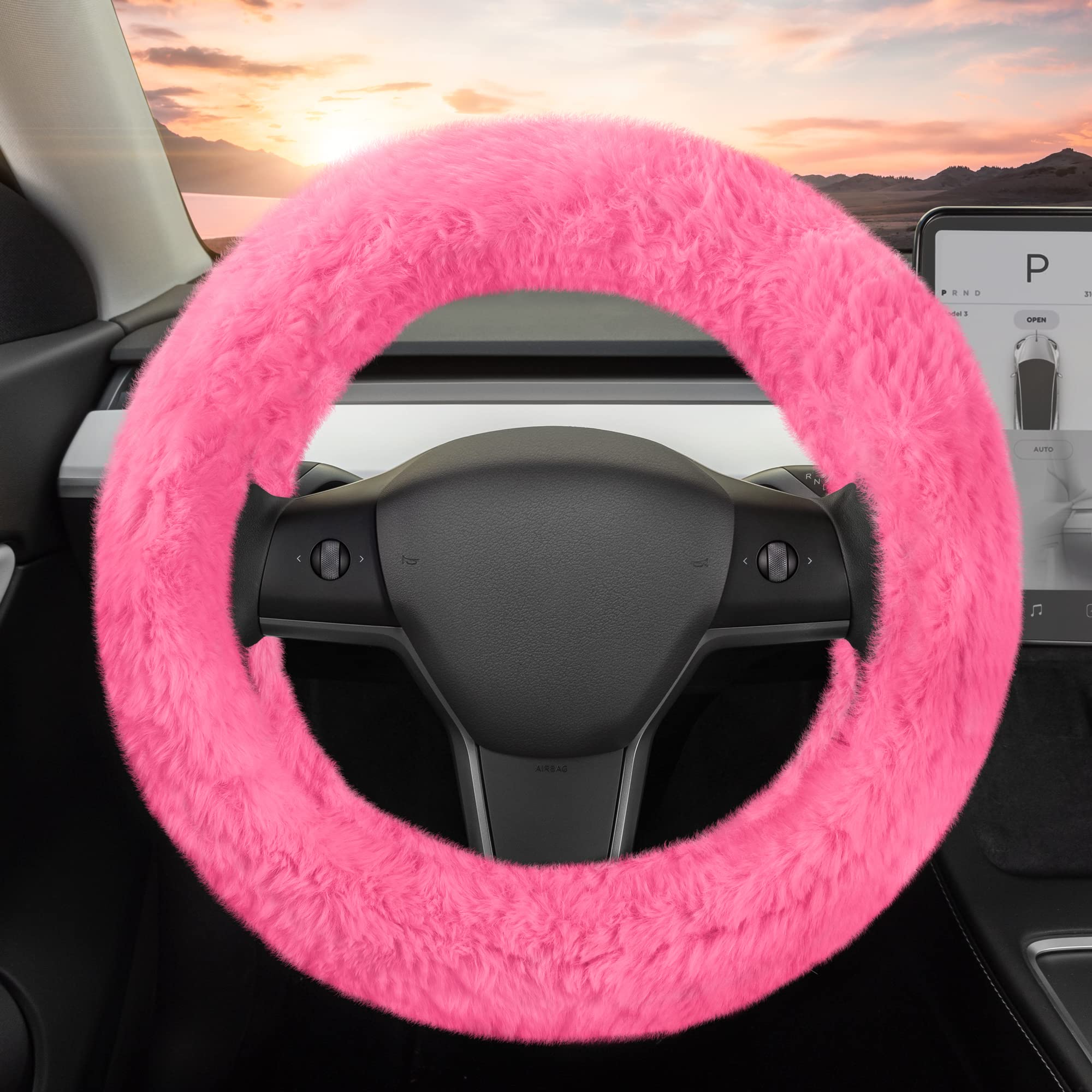 bdk-steering-wheel-cover-for-women-faux-fur-pink-plush-soft-grip-universal-fit-1 image 1