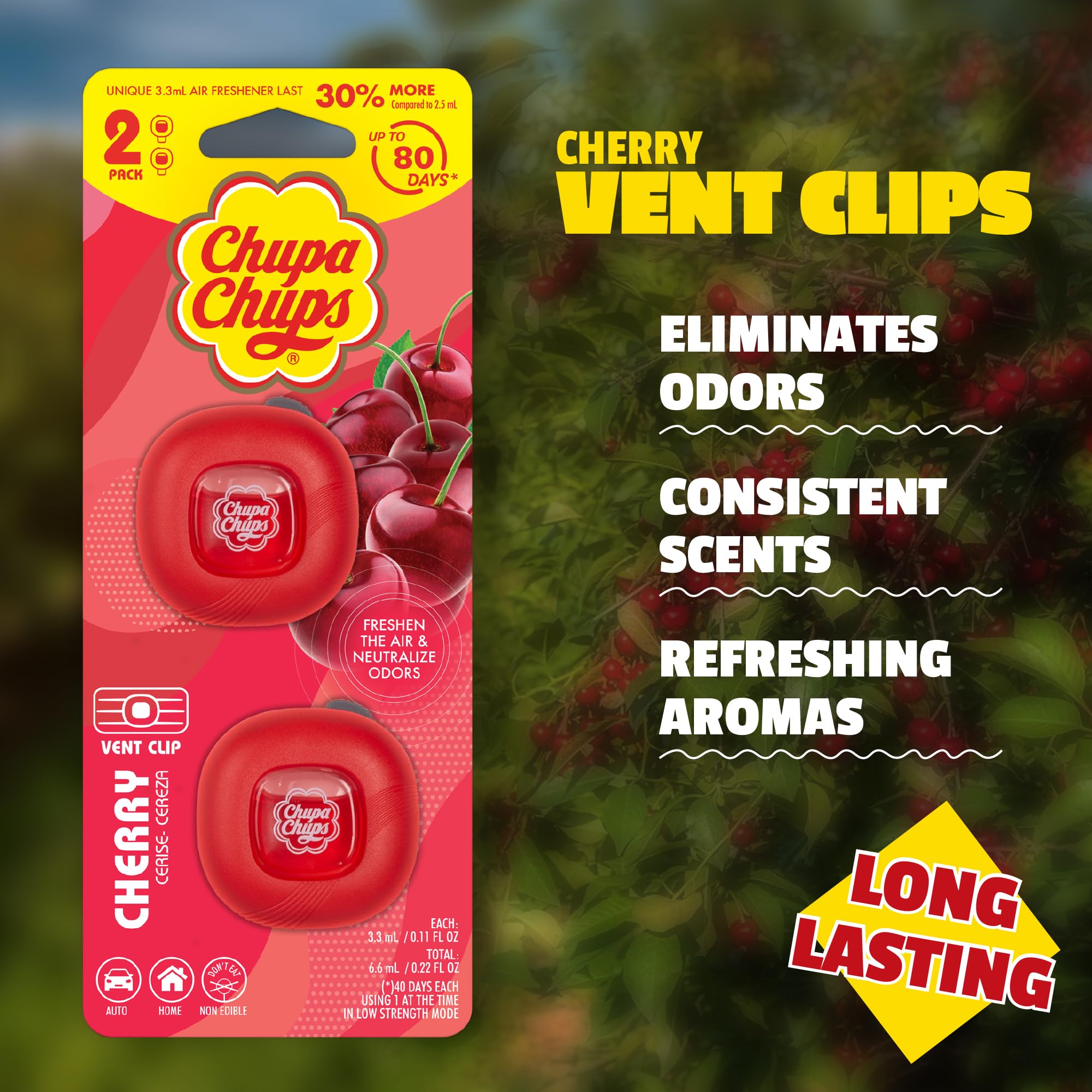 bdk-chupa-chups-cherry-car-air-freshener-vent-clips-2-pack-long-lasting-adjustab image 2