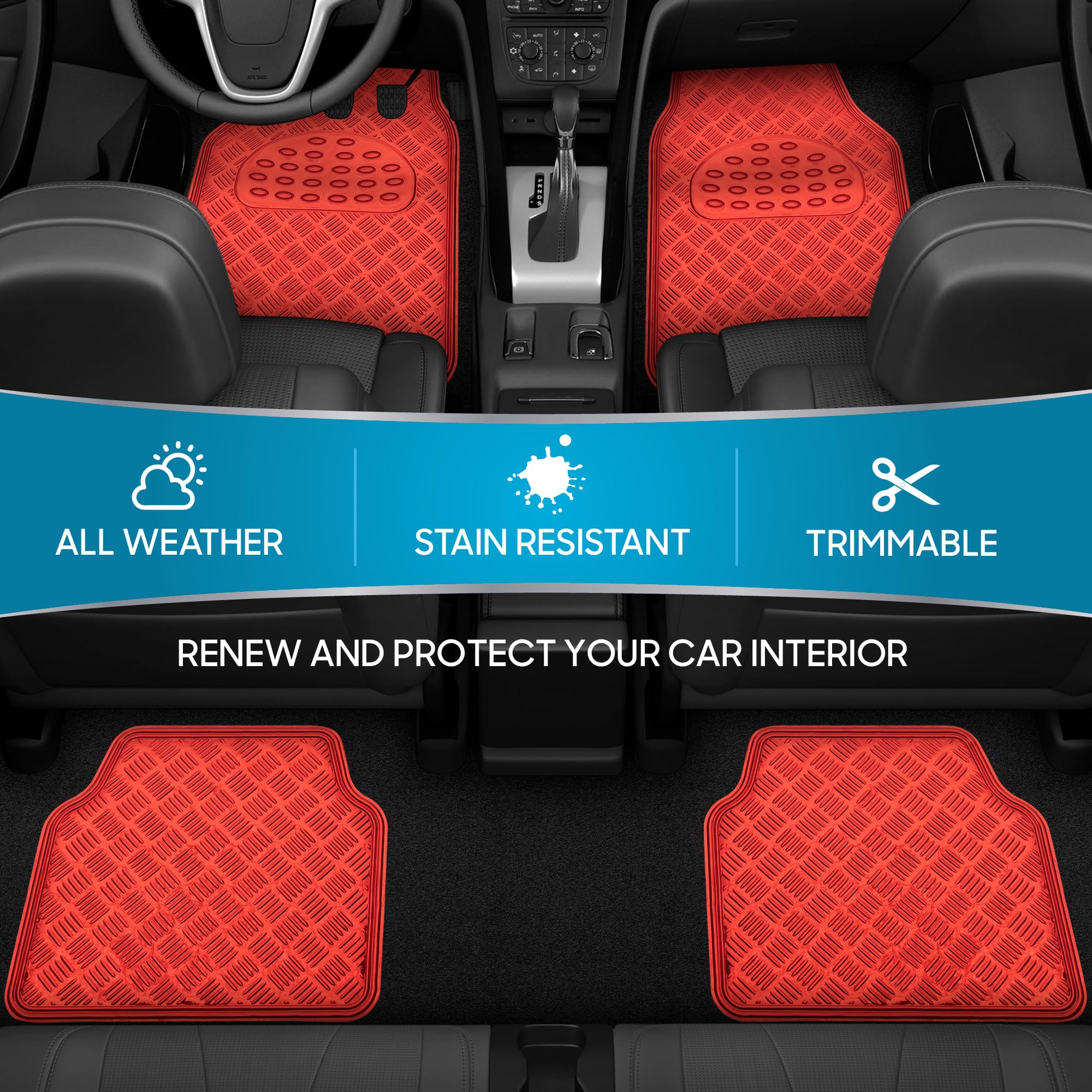 bdk-metallic-chrome-red-car-floor-mats-all-weather-universal-fit-full-set-non-sl image 3