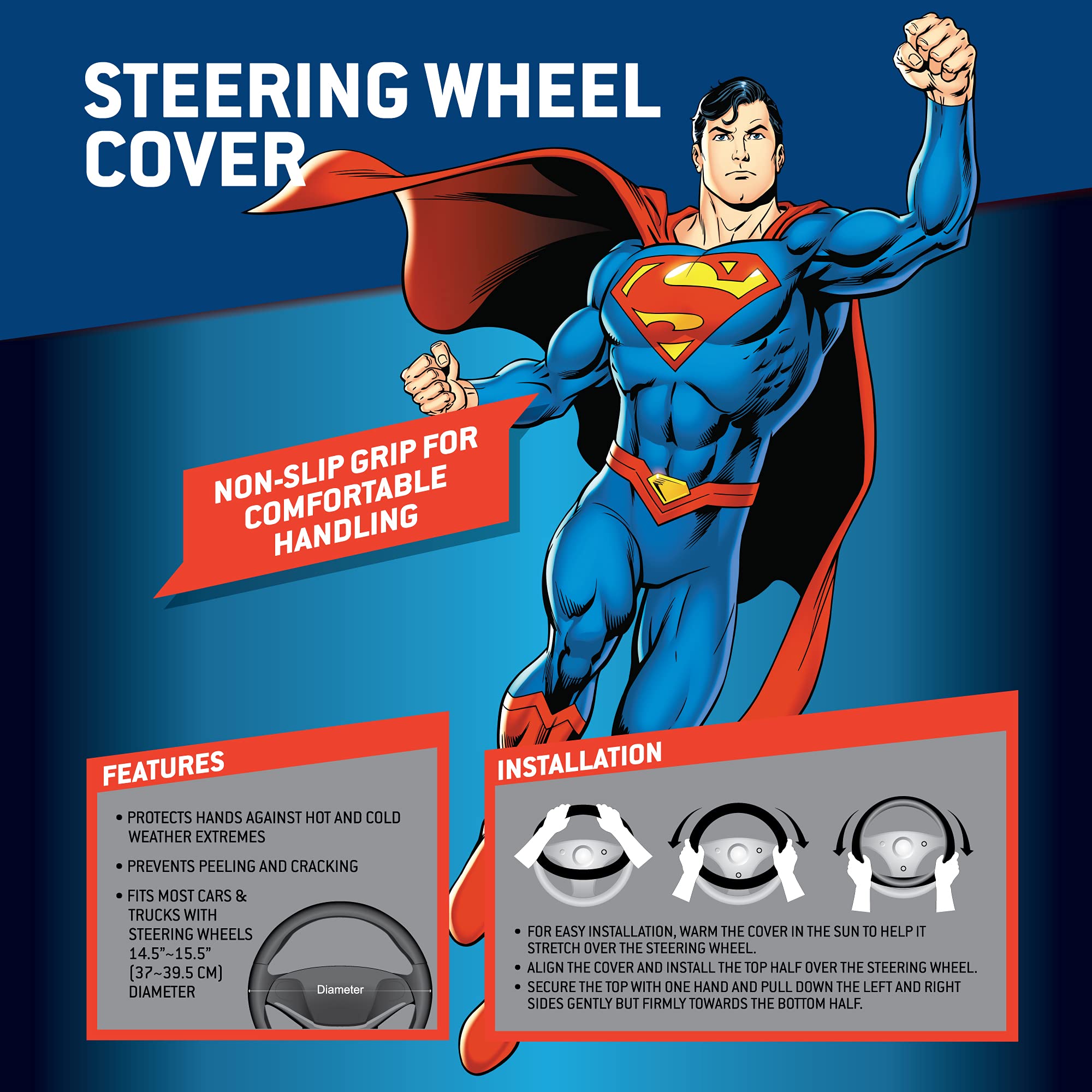 bdk-warner-bros-dc-comics-superman-steering-wheel-cover-ergonomic-grip-universal image 2