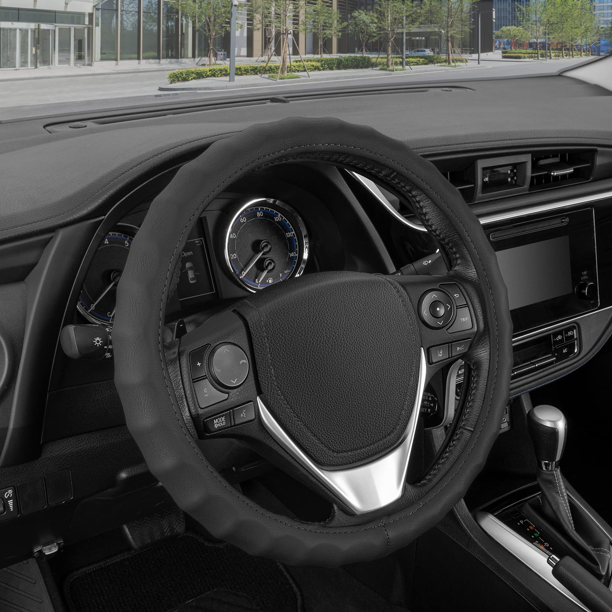 bdk-genuine-black-leather-steering-wheel-cover-small-13-5-14-5-ergonomic-grip-fo image 1